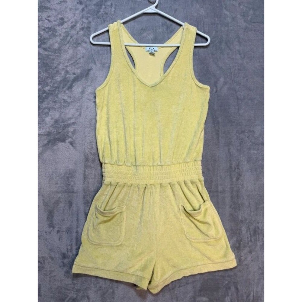 FLX Womens Small Green Terry Cloth Racerback Romper Shorts Pockets